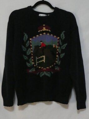 Vintage TABI INTERNATIONAL Equestrian Horse Crest Knit Sweater Navy - Size XL